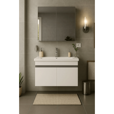Tasarım Arista 80CM Beyaz Renkli Mdf, Seramik Lavabolu, Alt ve Üst  Dolaplı, Üst Aynalı, Banyo Dolabı Takımı